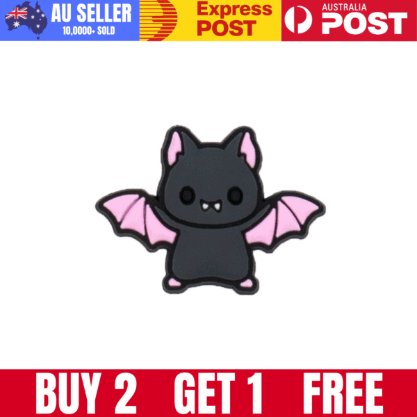 Cute bat-shaped enamel pin with black body and pink wings. Perfect for Halloween or goth fashion accessories.