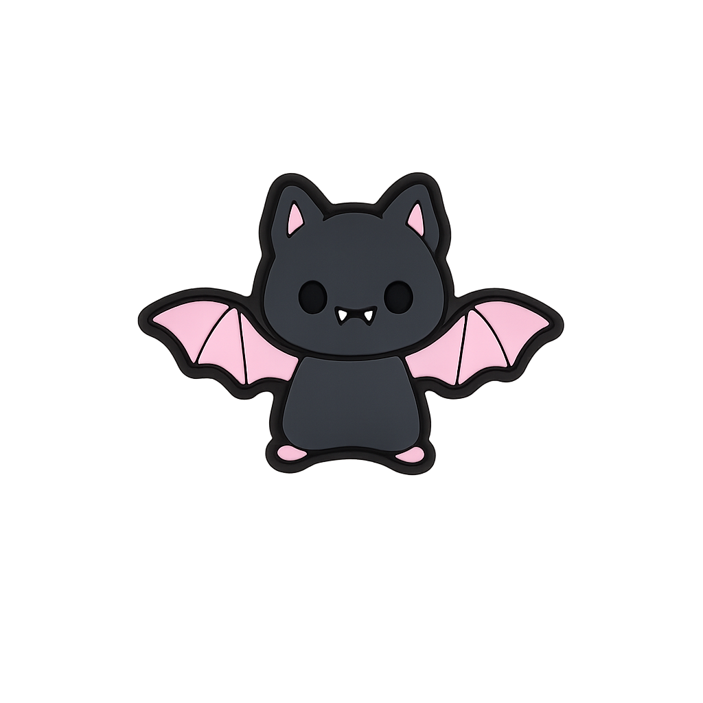 Cute bat-shaped enamel pin with black body and pink wings. Perfect for Halloween or goth fashion accessories.