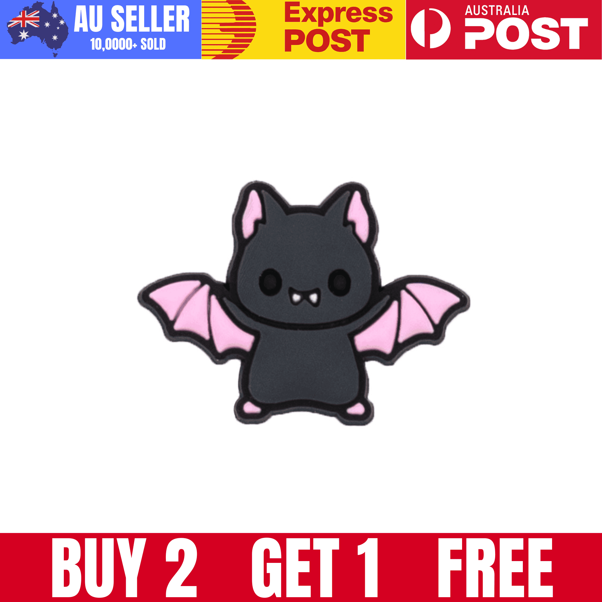 Cute bat-shaped enamel pin with black body and pink wings. Perfect for Halloween or goth fashion accessories.