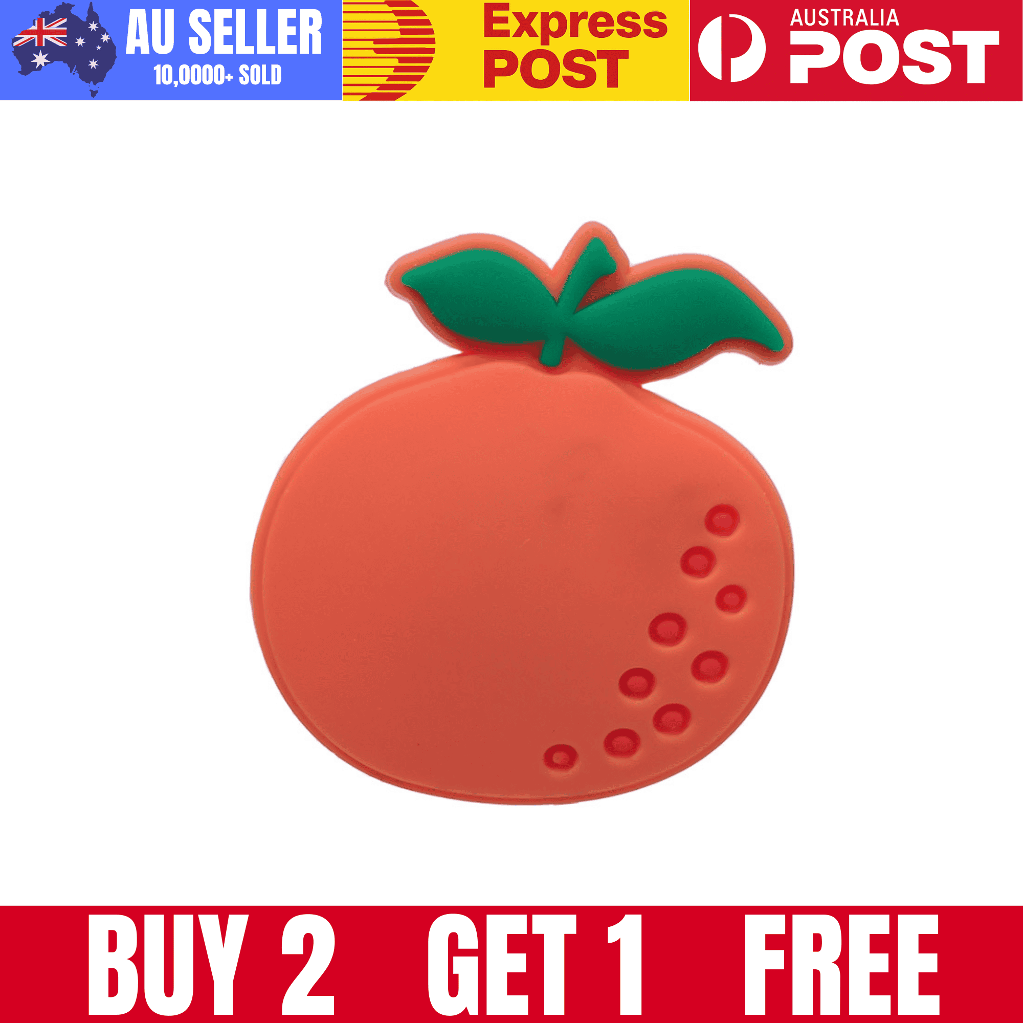 Bright orange strawberry-shaped silicone phone grip with green leaves, stylish and functional accessory for smartphones, promotional item from mrcharms.com.au.