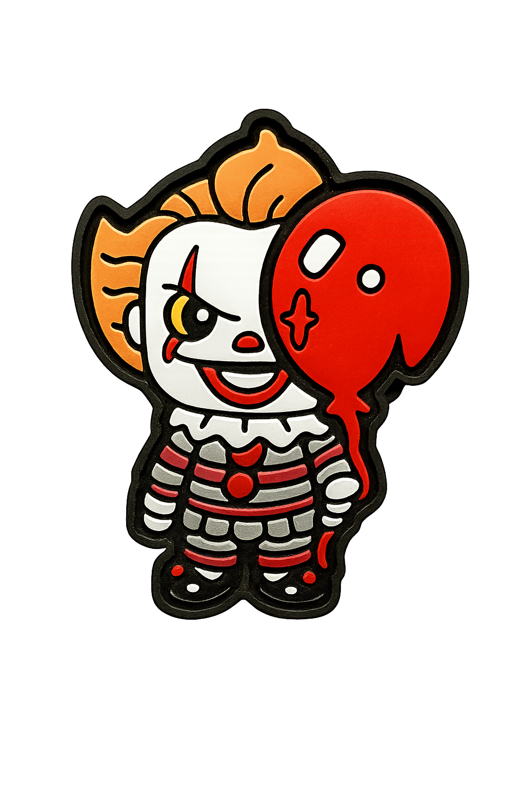 Colorful enamel pin featuring a Creepy Clown character with a balloon, perfect for Halloween costumes and collectibles.