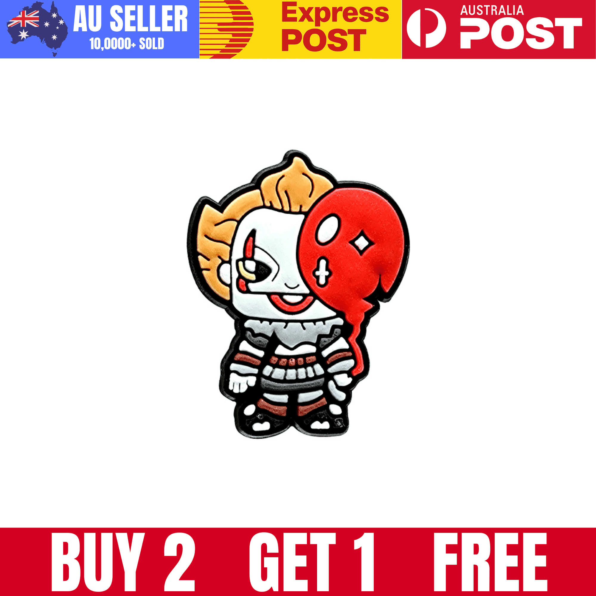 Colorful enamel pin featuring a Creepy Clown character with a balloon, perfect for Halloween costumes and collectibles.