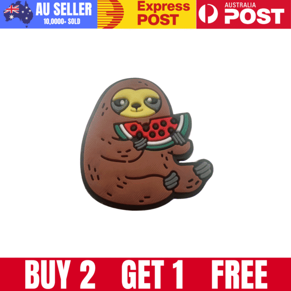 Sloth holding watermelon pin, cute animal enamel badge, tropical animal icebreaker accessory, fun summer gift.