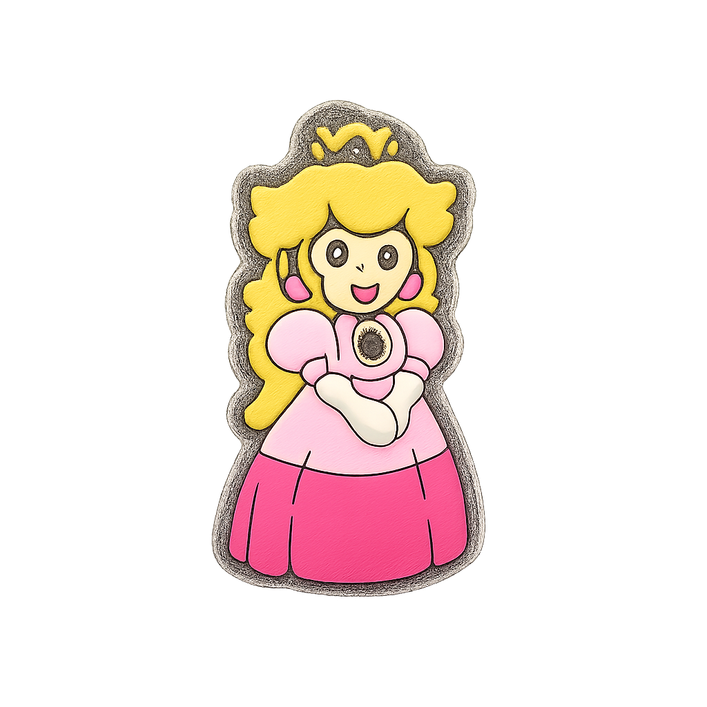 Princess Peach enamel pin with pink dress and yellow hair, perfect for Mario-themed collectibles.
