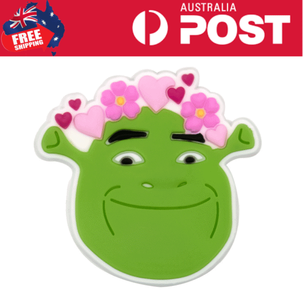 Bright green Shrek-themed badge with pink hearts and flowers, perfect for fun accessories or costumes.