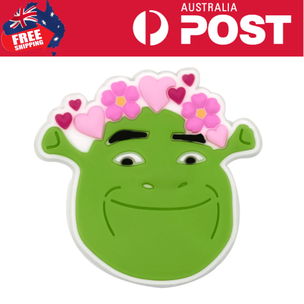 Bright green Shrek-themed badge with pink hearts and flowers, perfect for fun accessories or costumes.