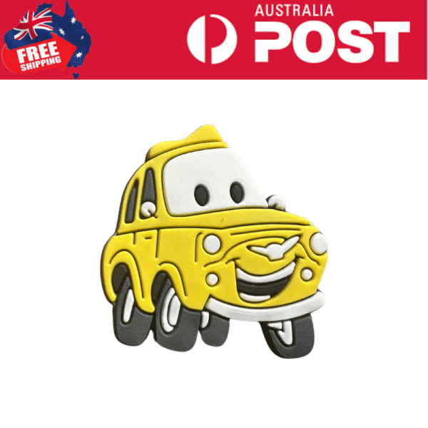 Yellow cartoon taxi charm with smiling face, perfect for keychains and jewelry, vibrant and fun design.