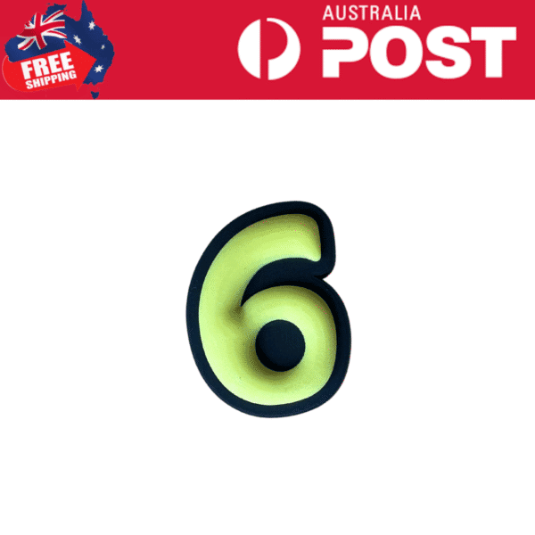 Number six foam number stress relief toy for kids and adults in bright yellow and black colors.