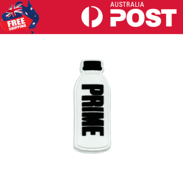Bottle-shaped patch with "PRIME" text in black on white background, ideal for clothing or accessories.
