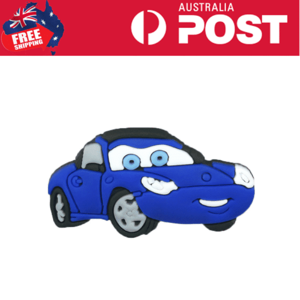 Blue cartoon race car cookie with smiling face and realistic details.
