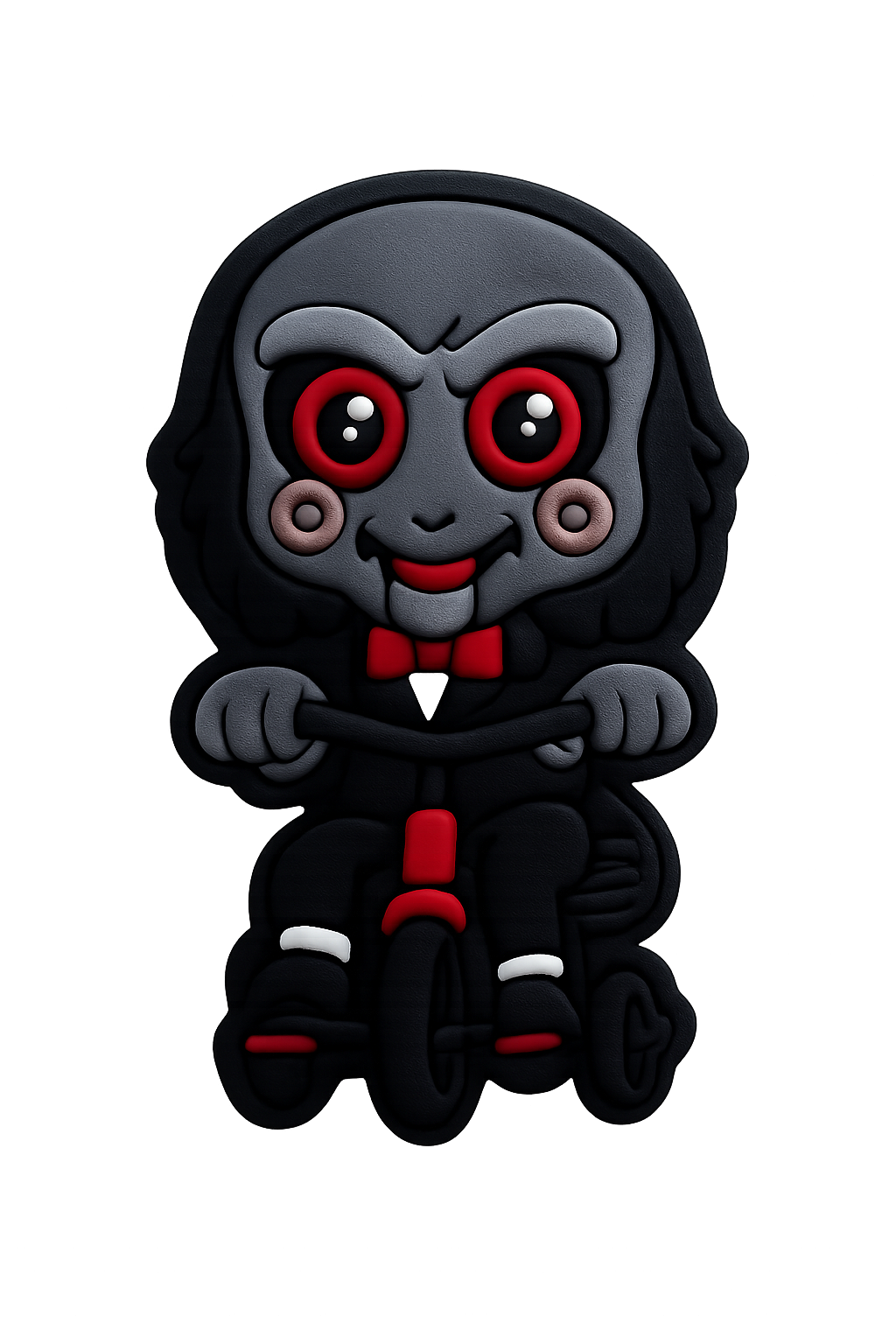 Cute zombie clown figurine riding a scooter, Halloween themed collectible, black red gray details.