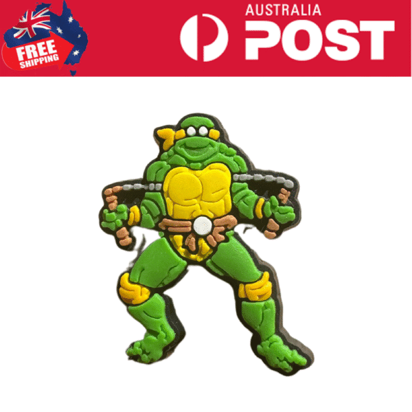 Colorful Teenage Mutant Ninja Turtle cookie cutter, green and yellow, perfect for kids' baking projects.