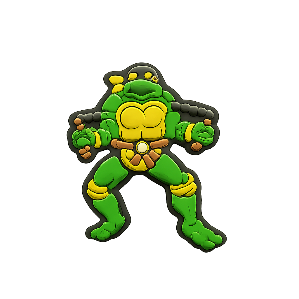 Colorful Teenage Mutant Ninja Turtle cookie cutter, green and yellow, perfect for kids' baking projects.