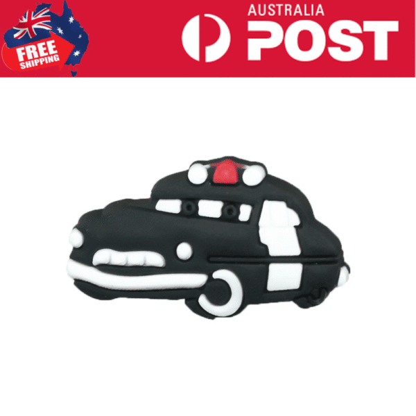 Black and white police car shaped cake decoration, perfect for birthday cakes and celebrations.
