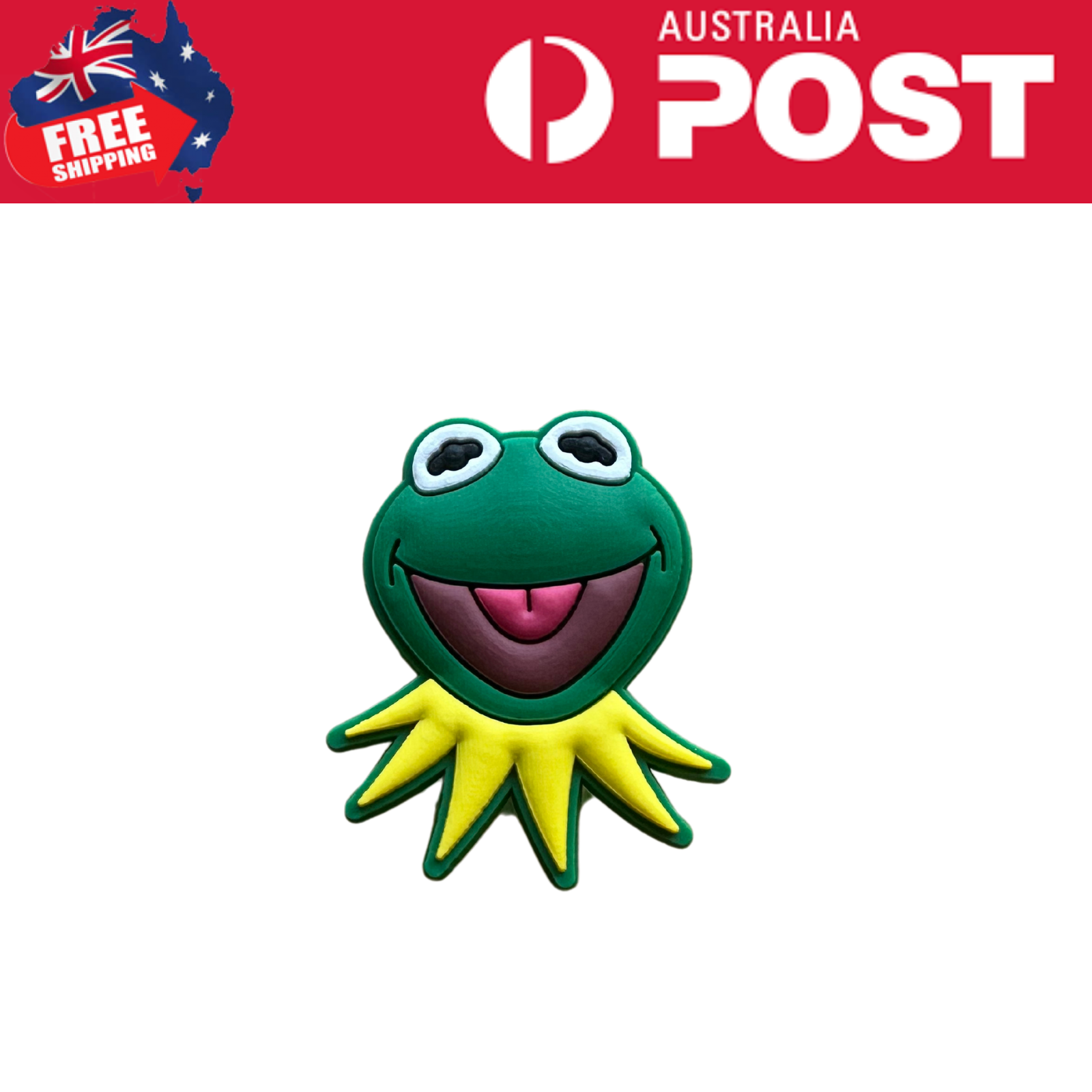 Colorful Kermit the Frog-inspired brooch with bright yellow collar, perfect for tropical or fun accessories.
