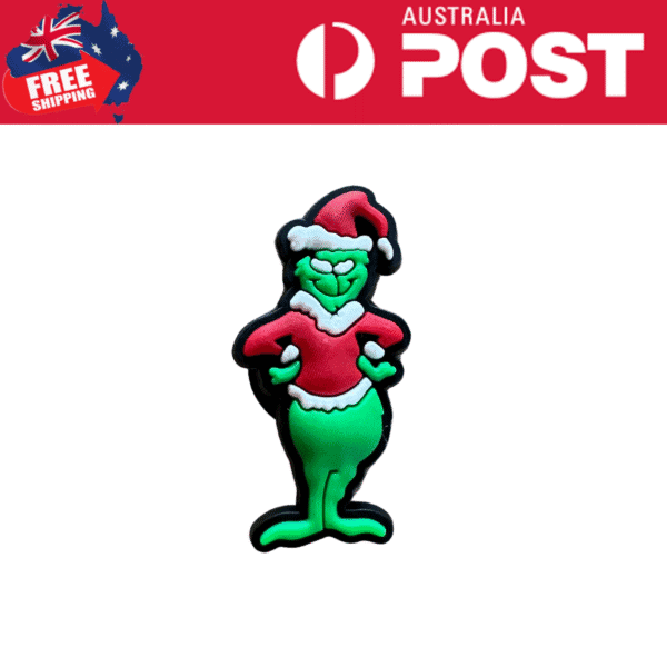 Cute green Grinch-shaped Christmas enamel pin wearing a Santa hat and festive outfit. Perfect holiday accessory.