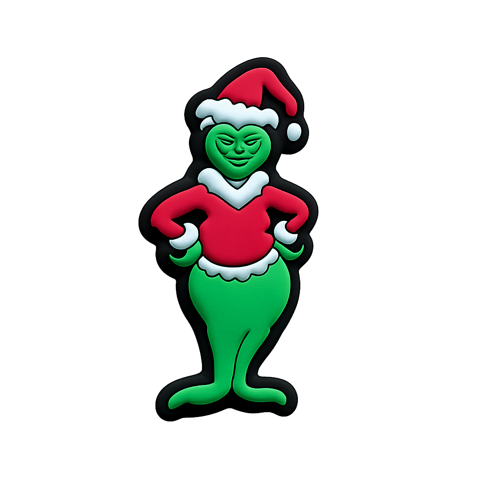 Cute green Grinch-shaped Christmas enamel pin wearing a Santa hat and festive outfit. Perfect holiday accessory.
