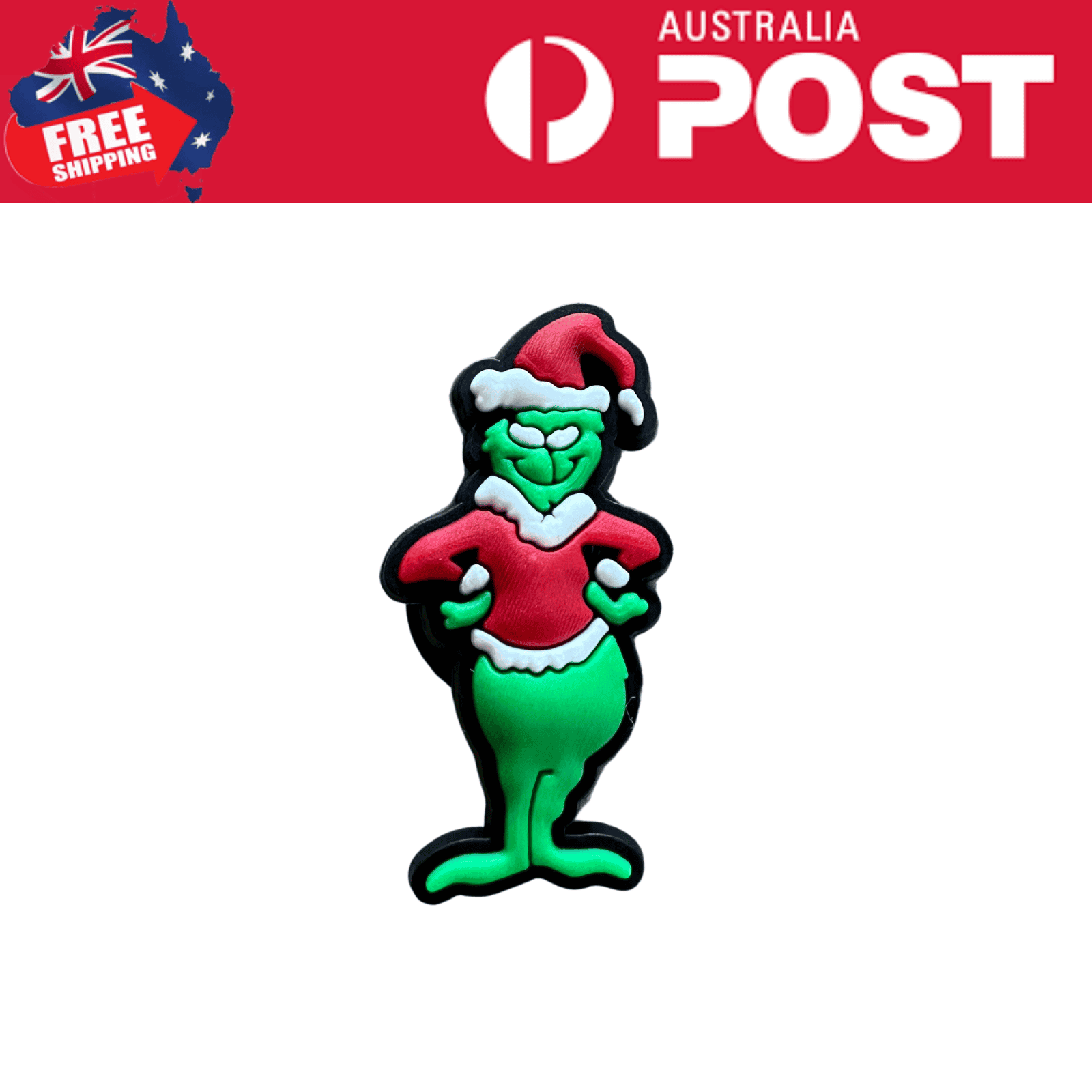 Cute green Grinch-shaped Christmas enamel pin wearing a Santa hat and festive outfit. Perfect holiday accessory.