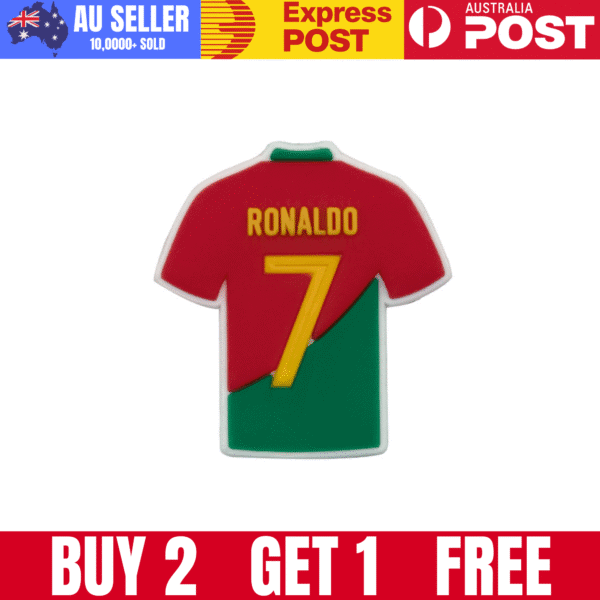 Ronaldo football jersey-shaped enamel pin with Portugal flag colors, perfect for soccer fans.