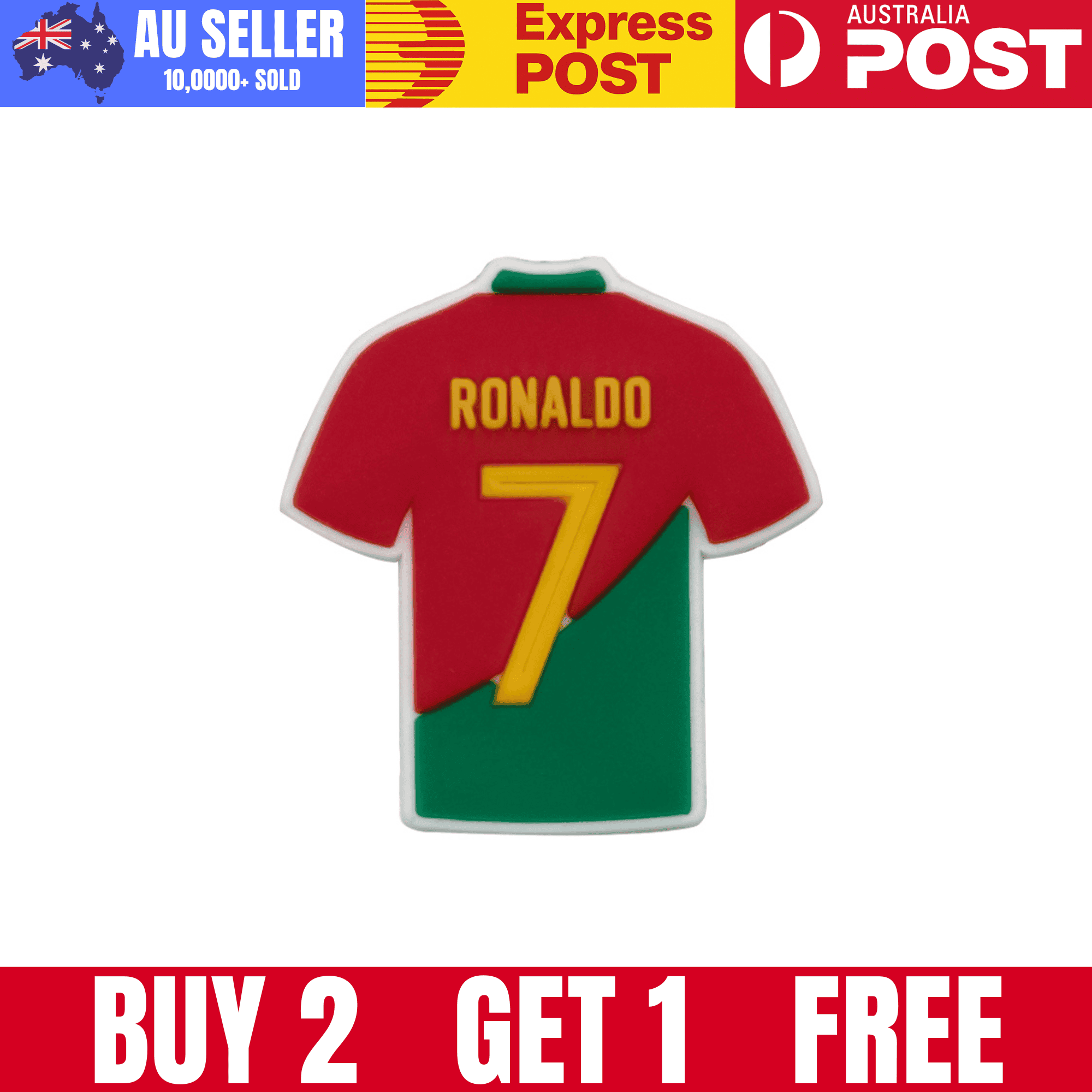 Ronaldo football jersey-shaped enamel pin with Portugal flag colors, perfect for soccer fans.