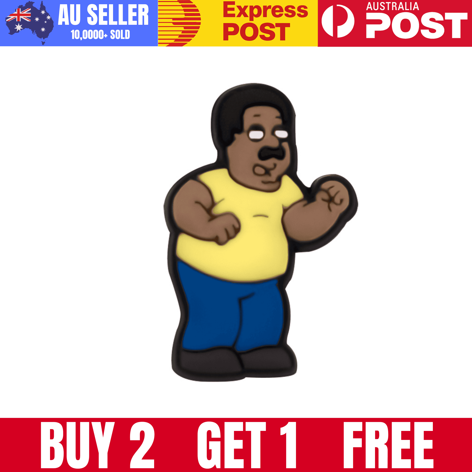 Funny cartoon character pin of a man in a yellow shirt and blue pants.
