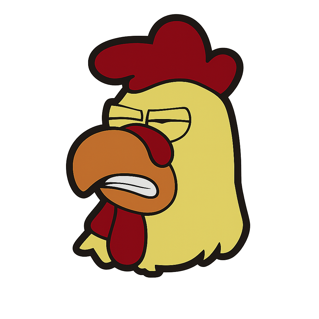 Colorful rubber chicken mascot with a red comb and yellow body, humorously expressing frustration or annoyance.