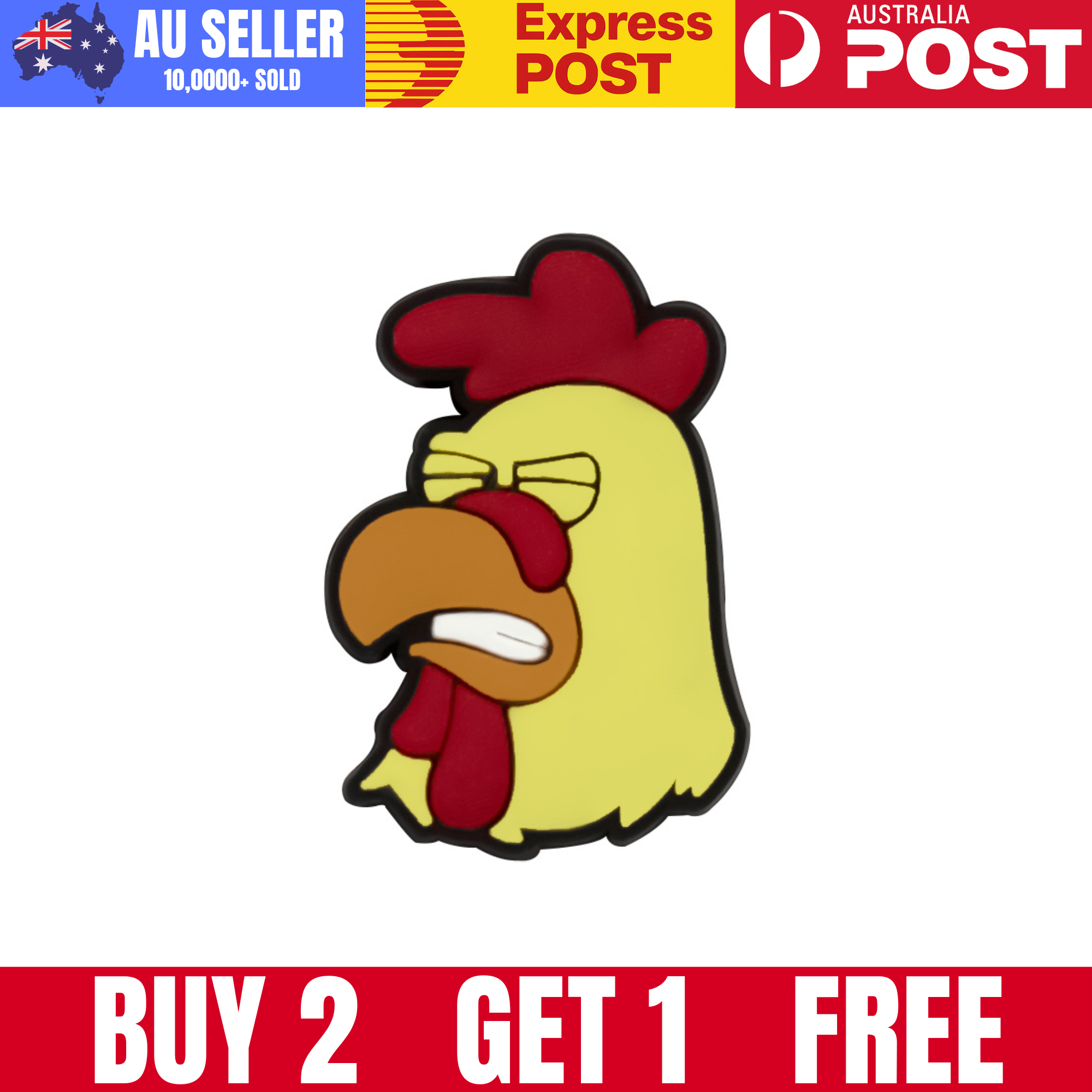 Colorful rubber chicken mascot with a red comb and yellow body, humorously expressing frustration or annoyance.