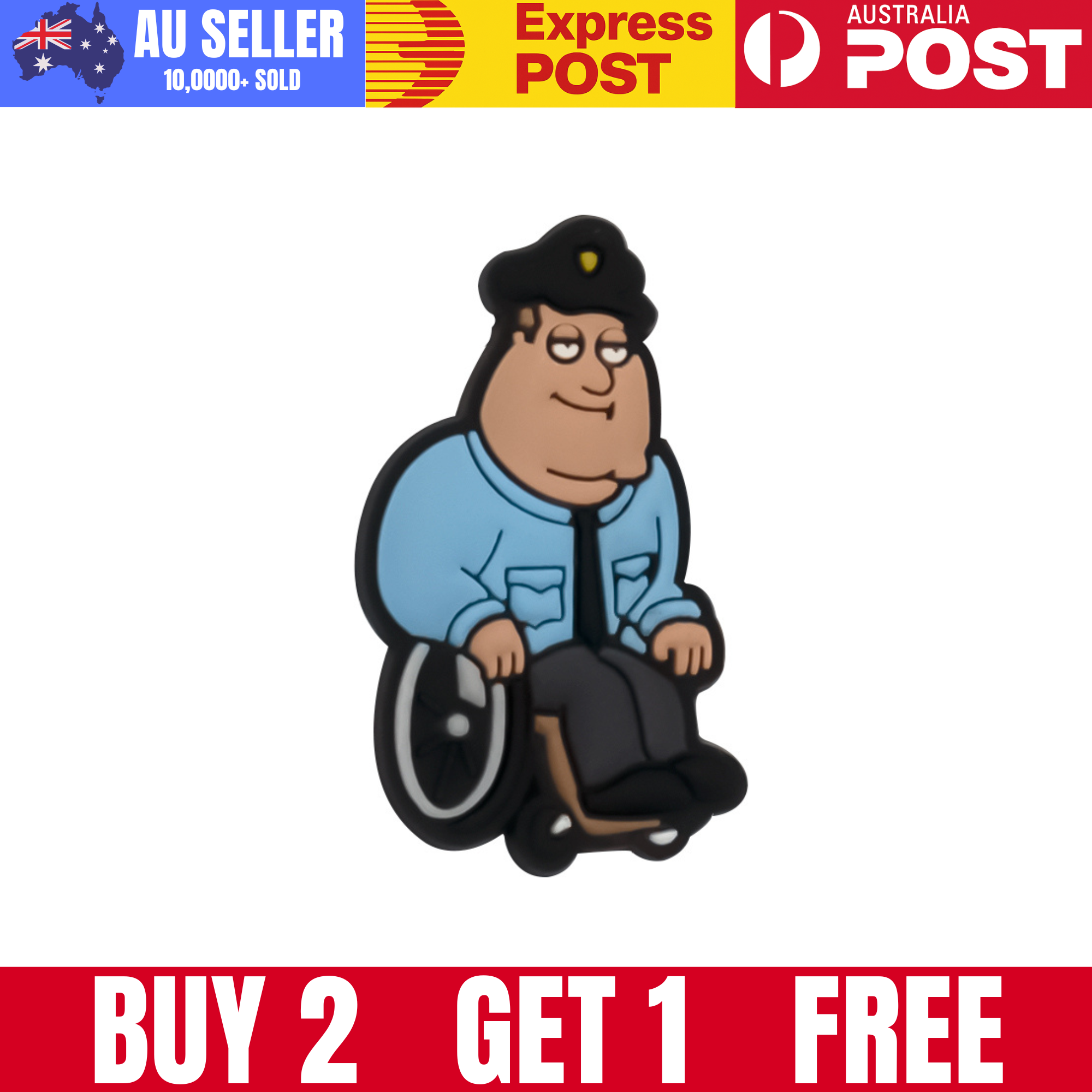 Cute cartoon character of a man in a wheelchair with a relaxed expression, wearing a blue shirt.