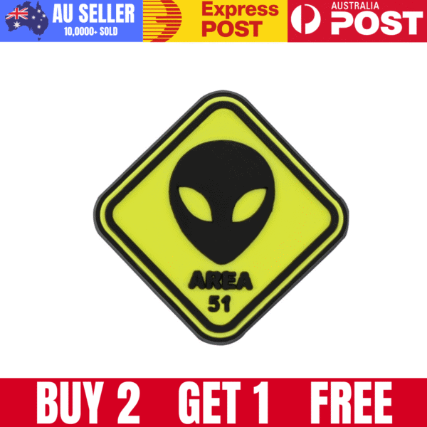 Alien head patch with "AREA 51" text in black on neon yellow background.
