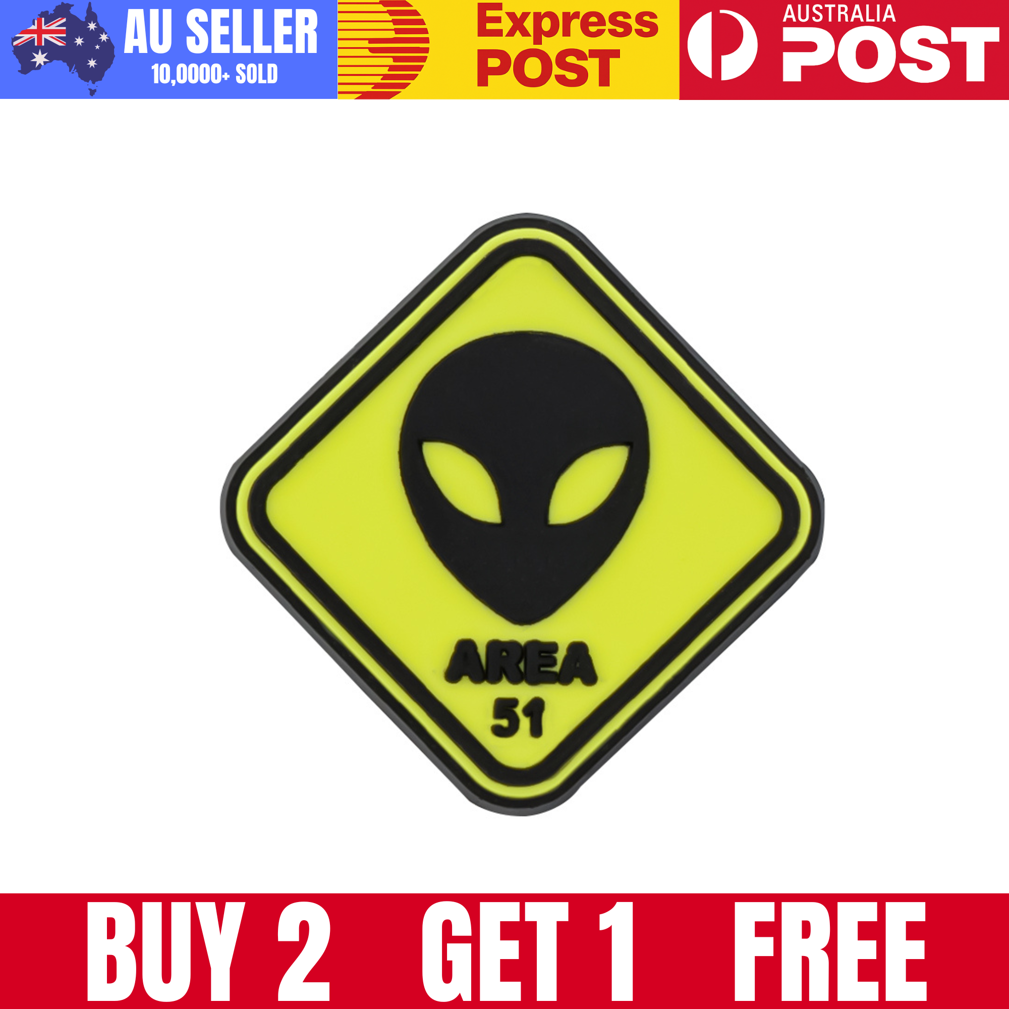 Alien head patch with "AREA 51" text in black on neon yellow background.