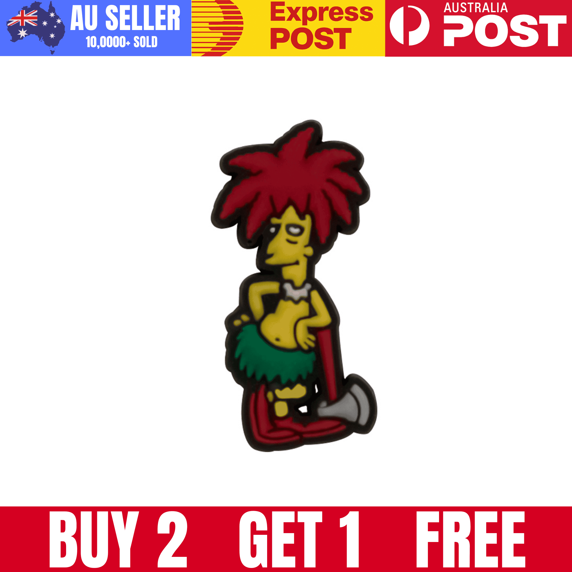 Colorful cartoon character enamel pin featuring a playful character with red hair and a green grass skirt.