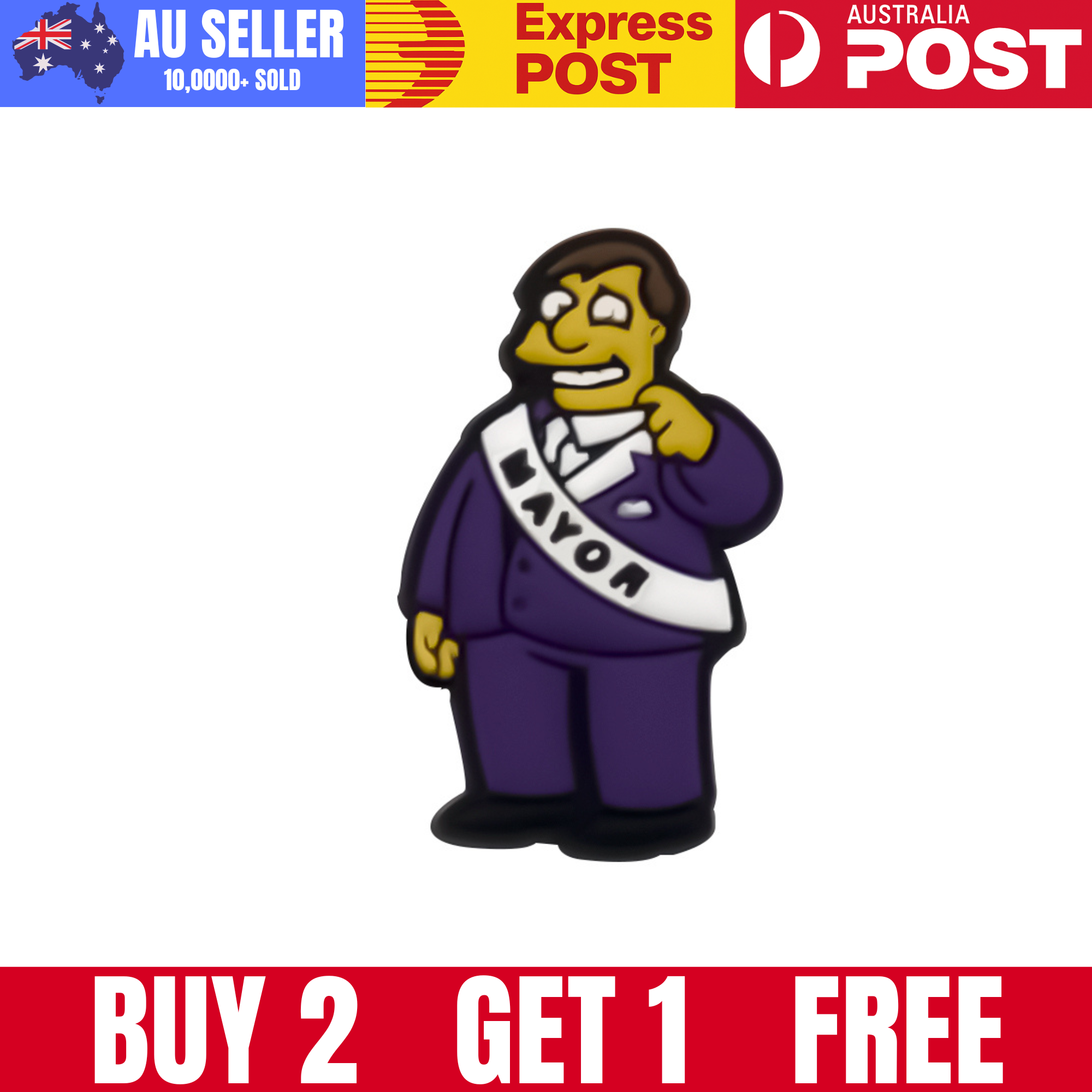 Colorful cartoon politician lapel pin, "Vote" sash, smart suit, humorous campaign accessory, ideal for election-themed events and political supporters.