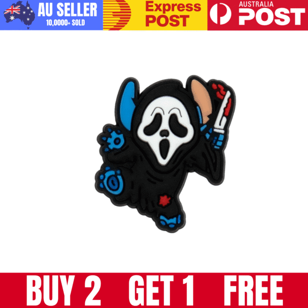 Skull mask pin with scythe and ghostly features, inspired by horror movie character design.
