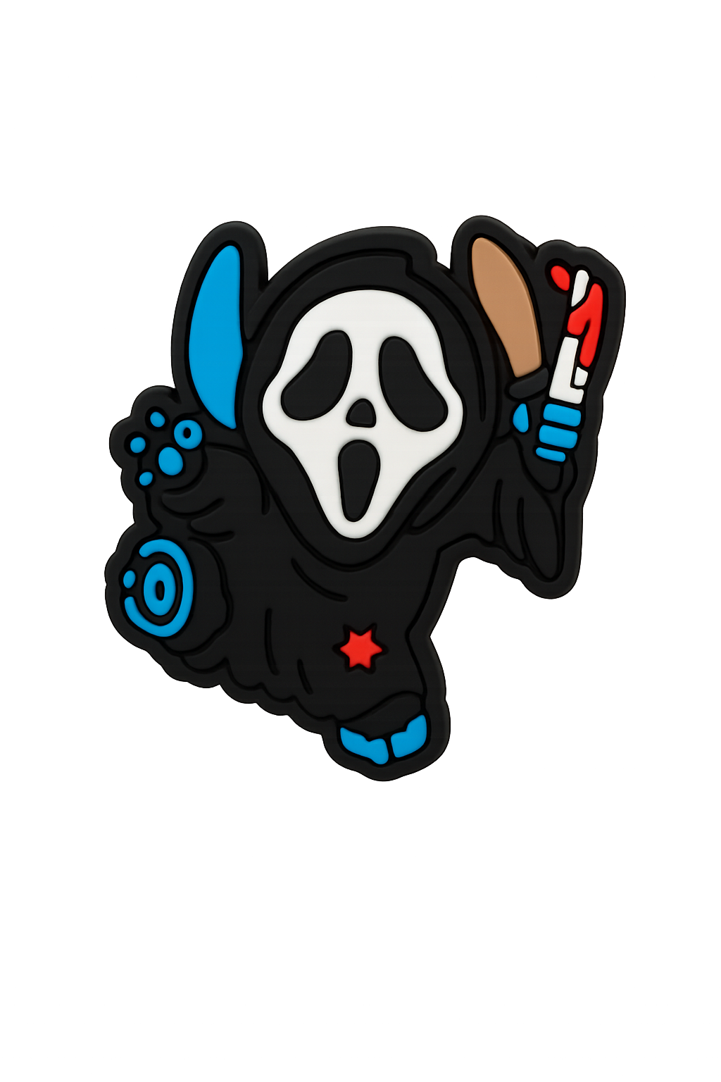 Skull mask pin with scythe and ghostly features, inspired by horror movie character design.