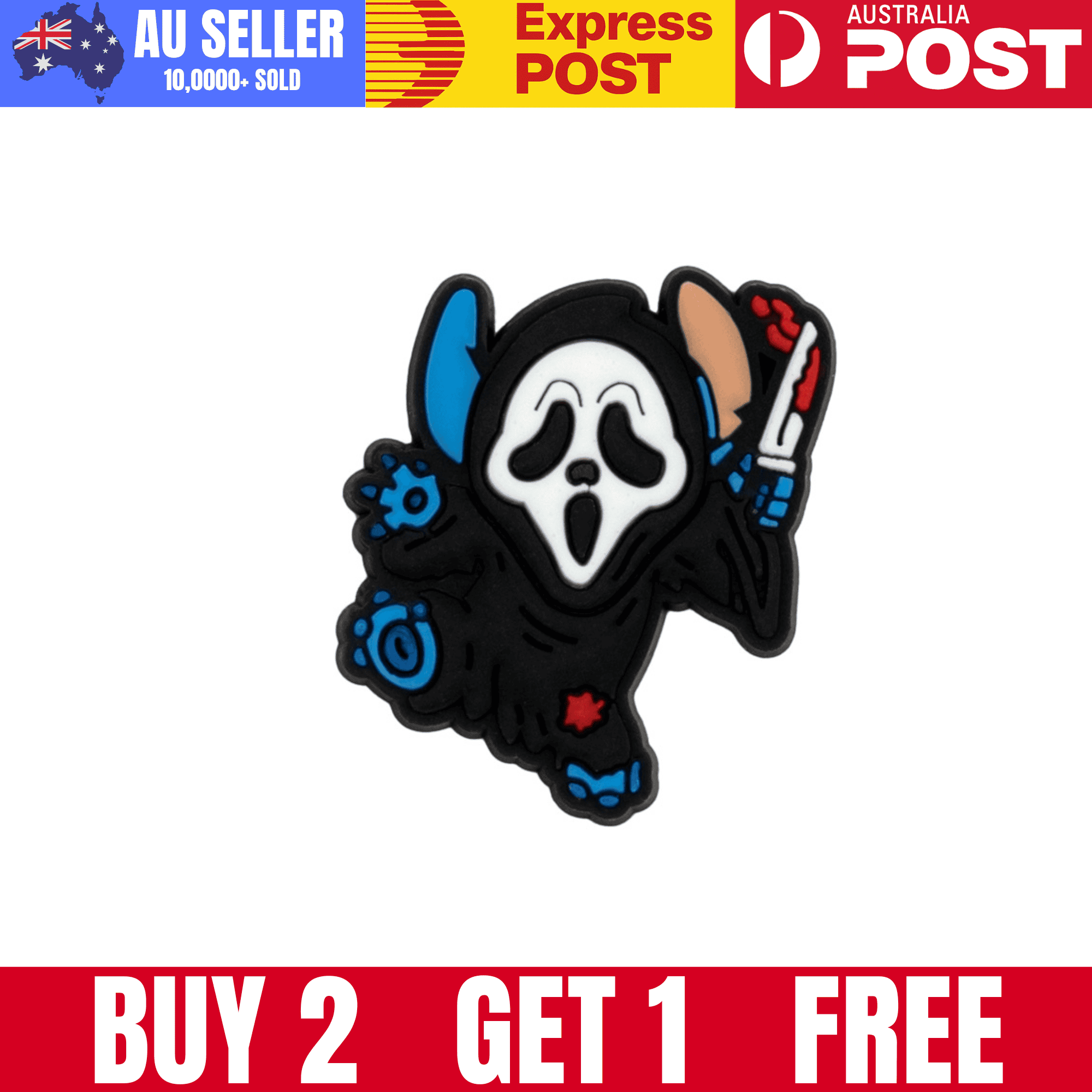 Skull mask pin with scythe and ghostly features, inspired by horror movie character design.