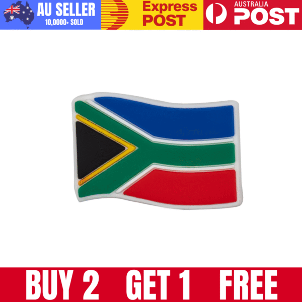 South African flag badge, souvenir accessory, high-quality enamel pin, vibrant design, perfect for fans and collectors.
