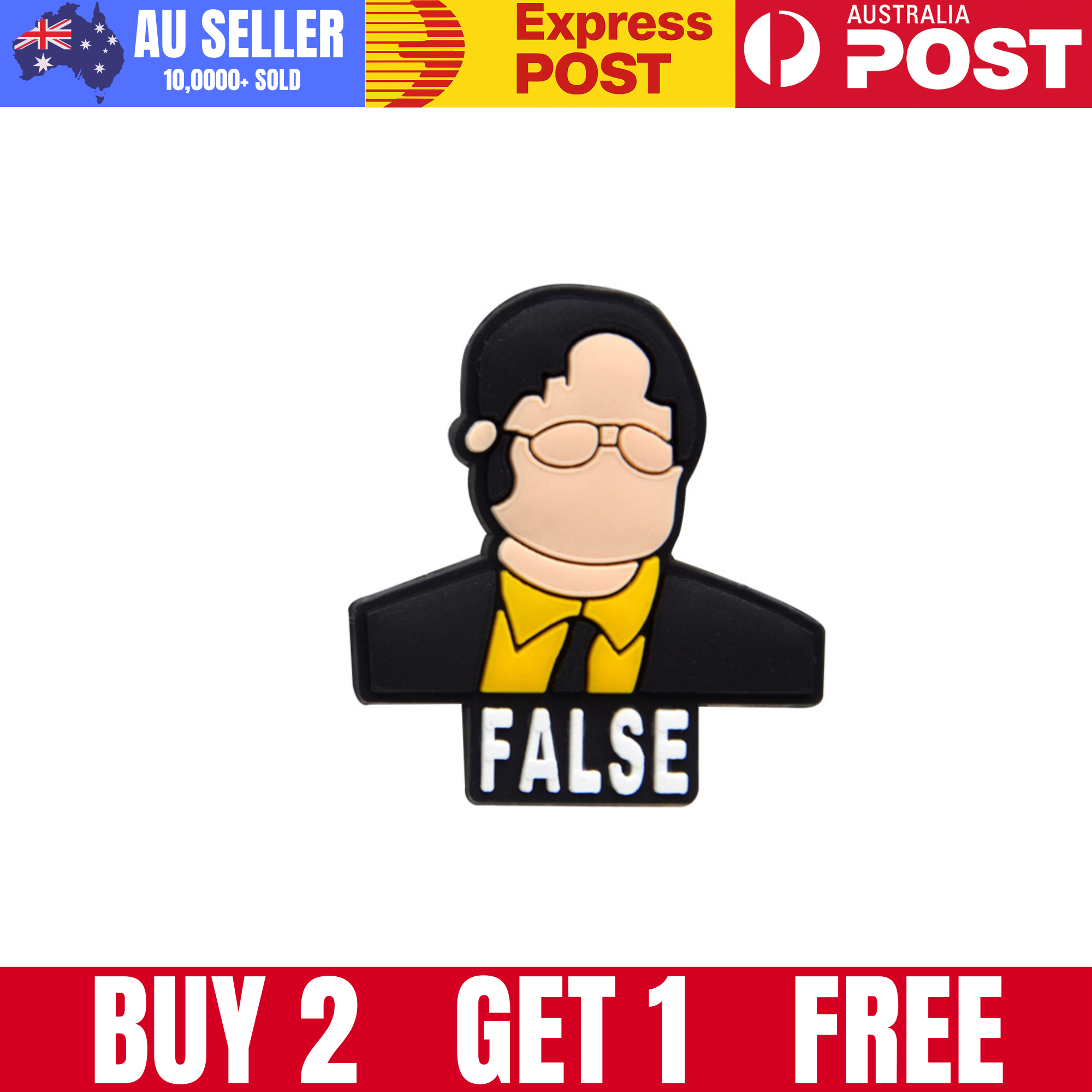 Funny TV character silicone badge, "False" sign, humorous desk accessory, novelty gift for fans of classic shows.