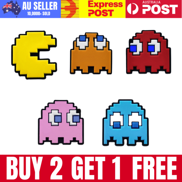 Colorful pixel art Pac-Man and ghost magnets for retro gaming decor, perfect for collectors and fans of classic arcade games.