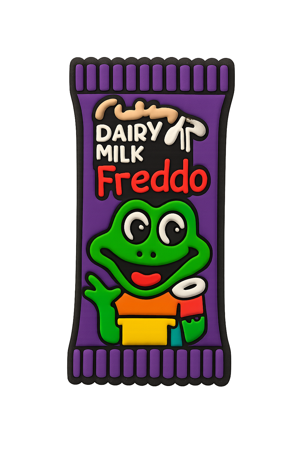 Bright colorful dairy milk chocolate bar with Frodo cartoon character, fun and delicious snack.