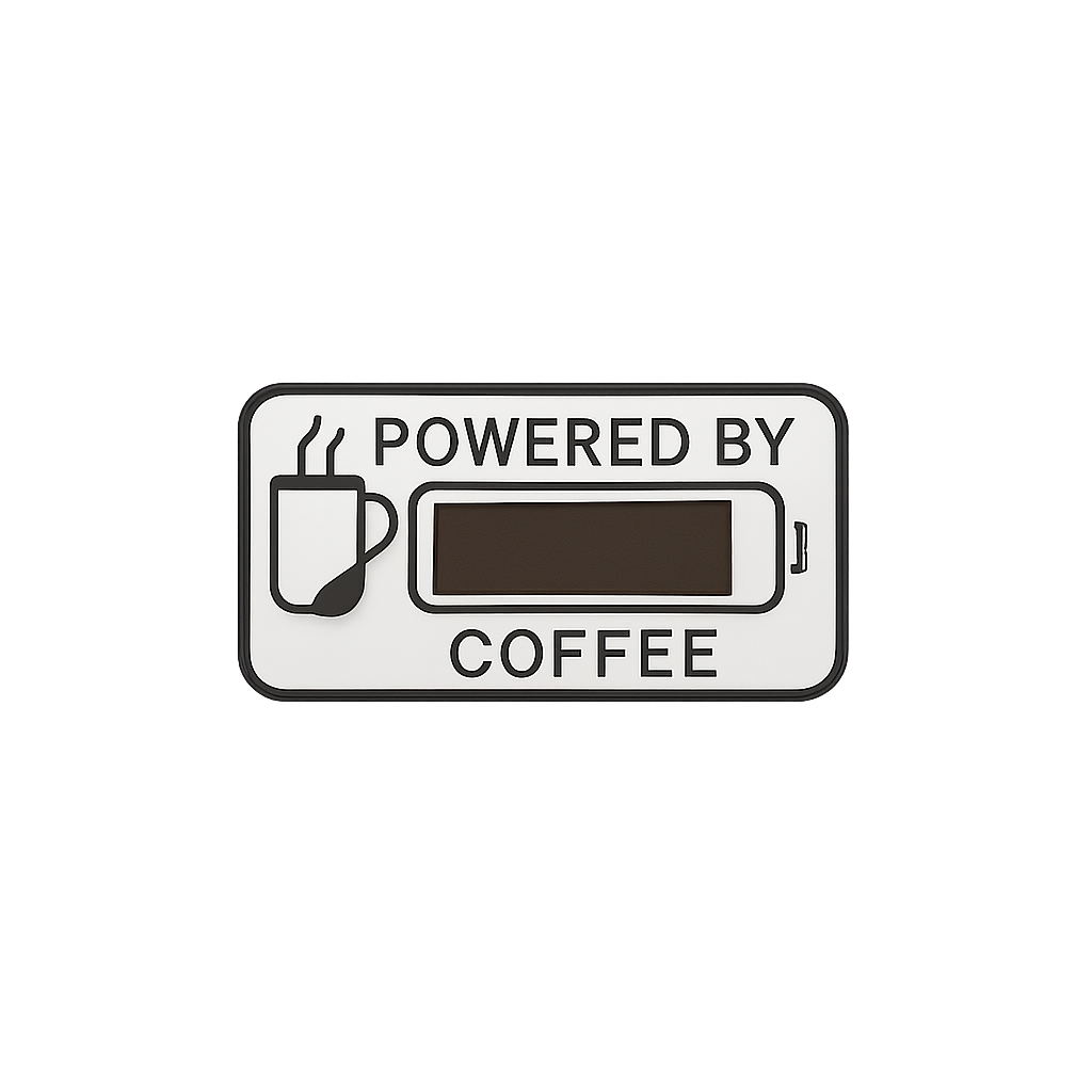 Coffee mug with steam and a smartphone icon, with the text "Powered by Coffee".
