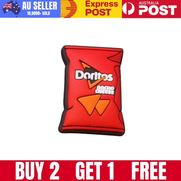 Bright red Doritos packet with bold logo, cheese flavor, and crunchy corn chips.