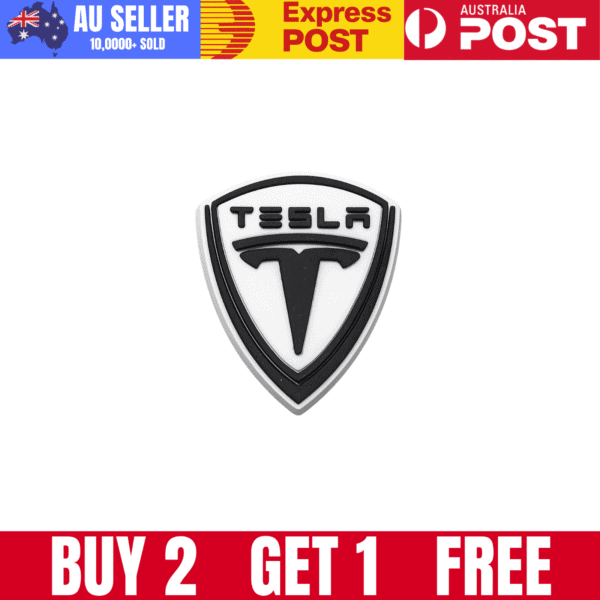 Tesla automotive logo badge, black and white with a sleek design.