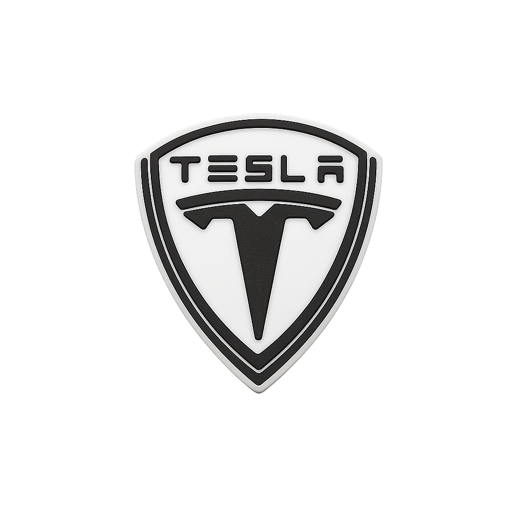 Tesla automotive logo badge, black and white with a sleek design.
