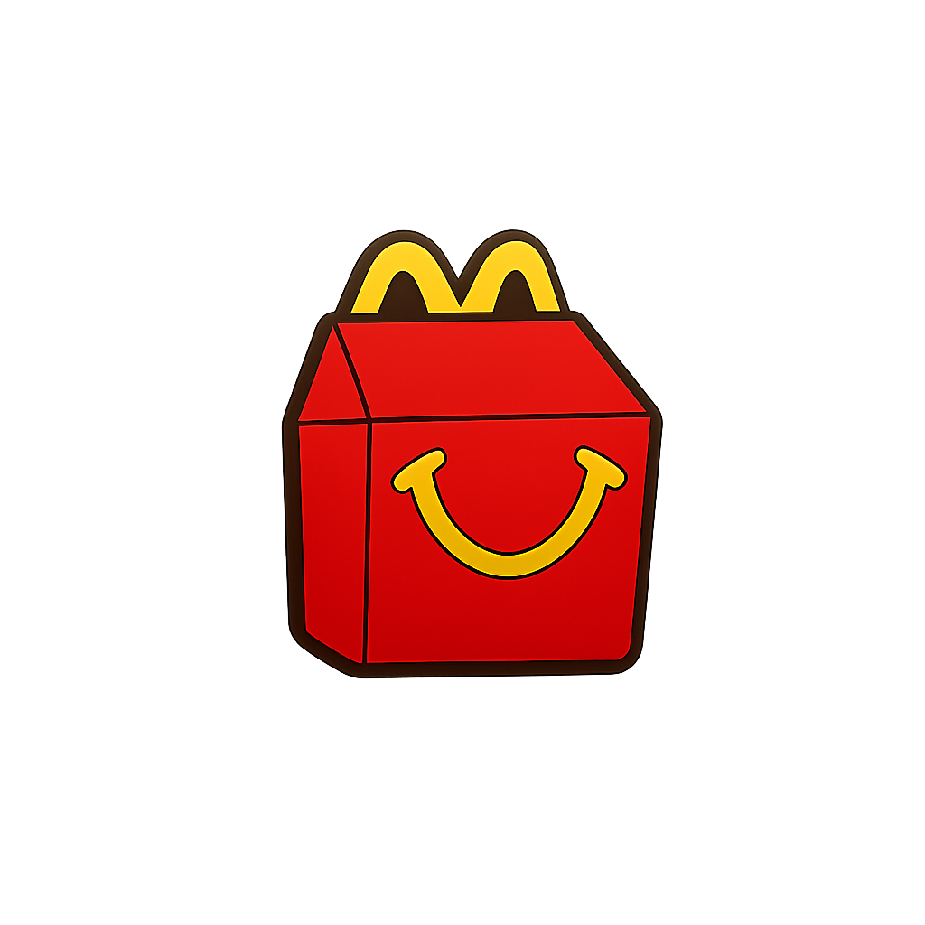 Bright McDonald's Happy Meal box with a smiling face and yellow arches.