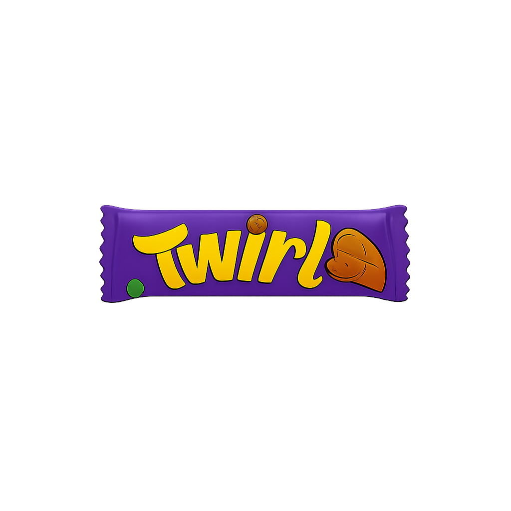 Twirl candy bar, fun snack, purple wrapper, crunchy treat, sweet chocolate, kid's favorite.