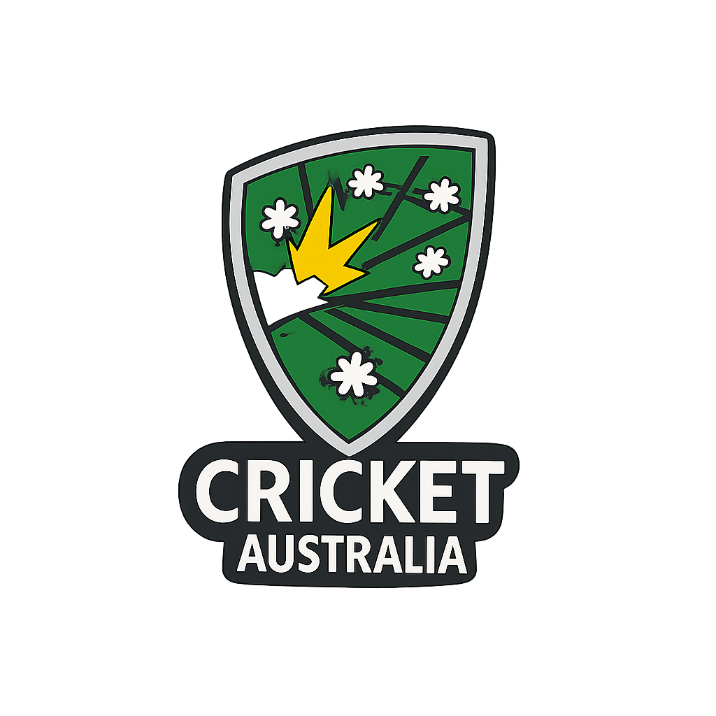 Australian cricket badge pin, green shield with lightning and stars, Australia cricket emblem, cricket memorabilia item for fans.