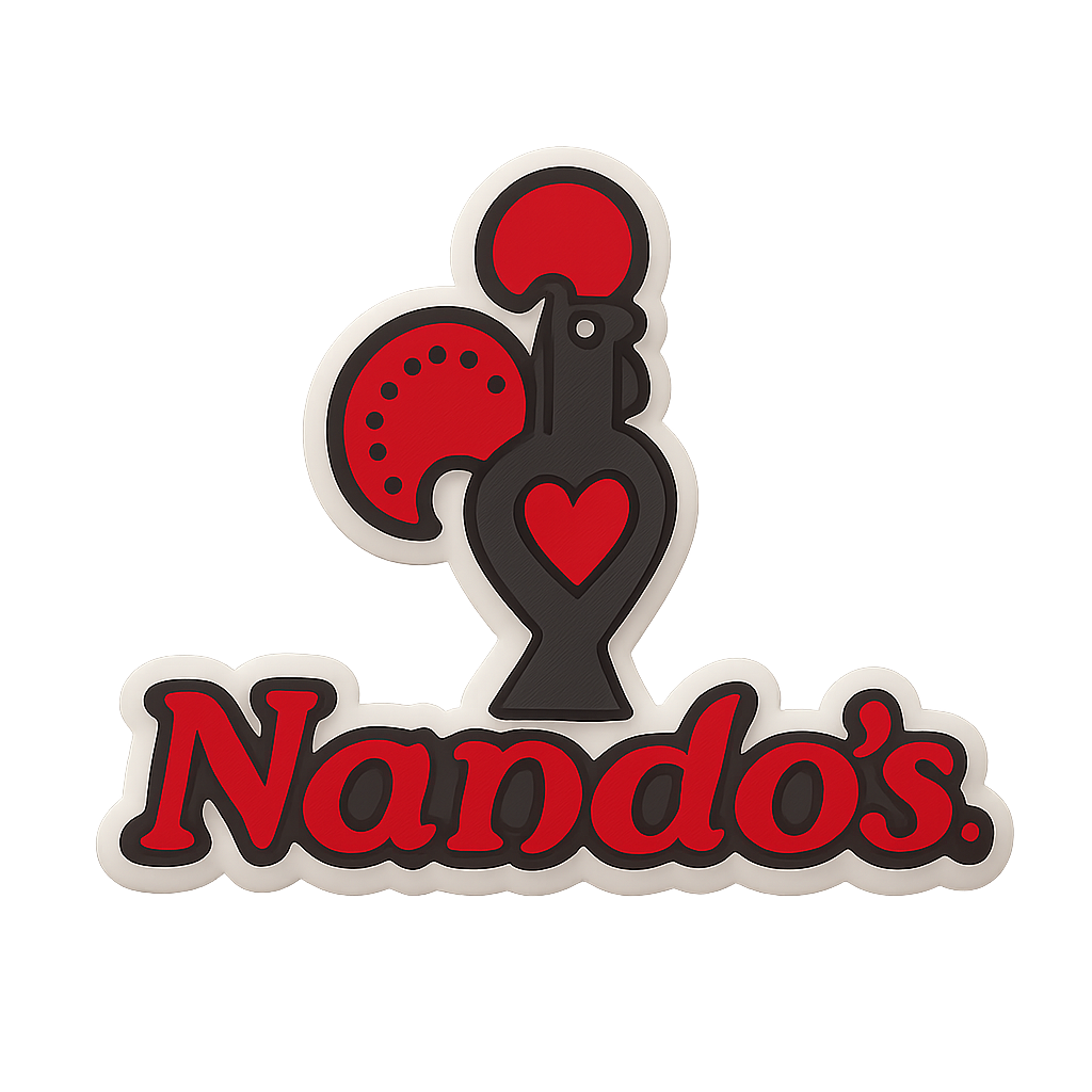 Silicone Nando's logo magnet, black and red, food branding, kitchen decor, Nando's restaurant merchandise.