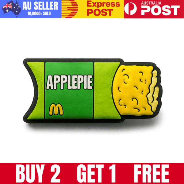 Bright green apple pie McDonald's logo patch with a yellow apple pie illustration.