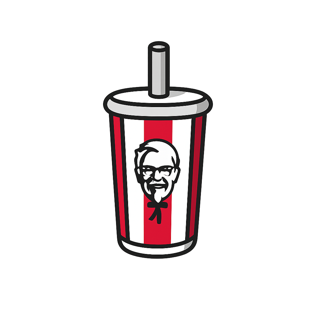 Refreshing KFC soft drink cup with straw, fast food beverage, iconic fried chicken brand.