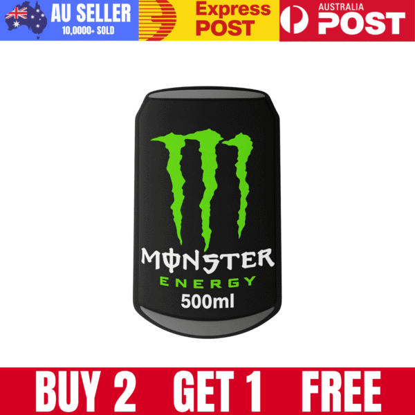 Energy drink can with Monster logo, black background, and green accents.
